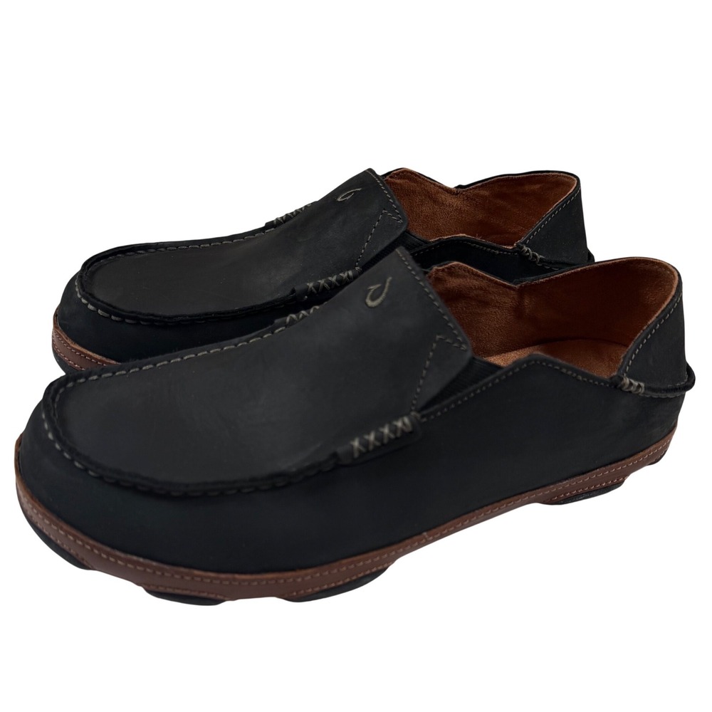 Olukai Moloa Mens Black Leather Slip On Loafers Shoes Size 10.5 WORN ONCE